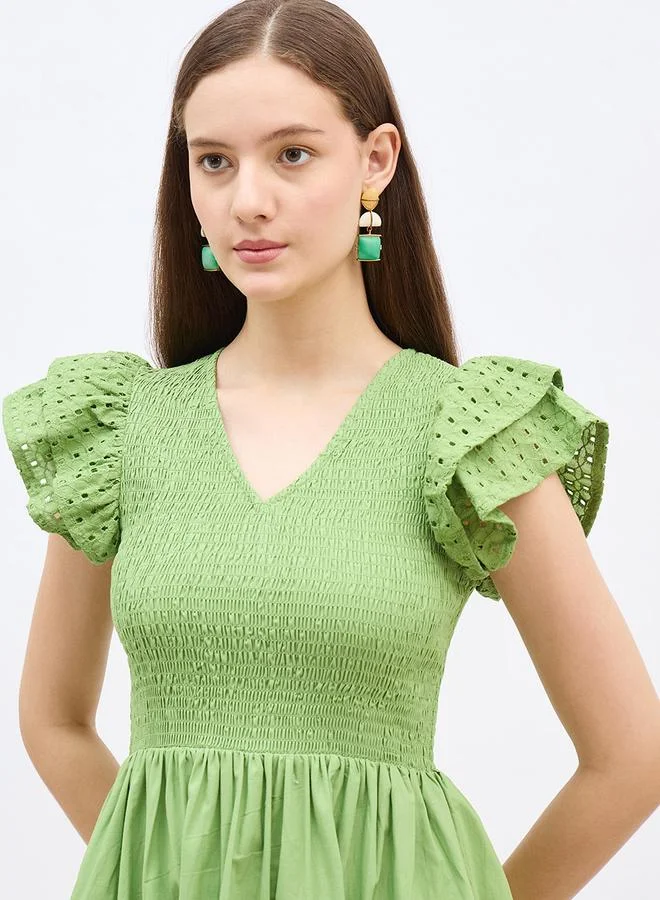 Styli Smocked Detail Ruffled Sleeve A-Line Midi Dress