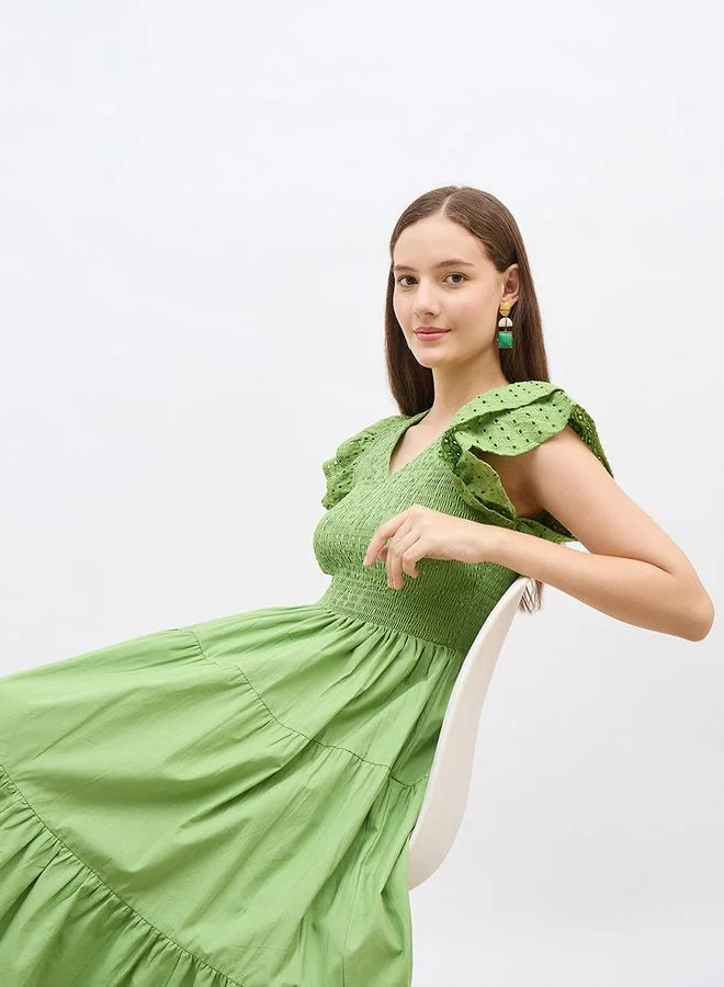 Styli Smocked Detail Ruffled Sleeve A-Line Midi Dress