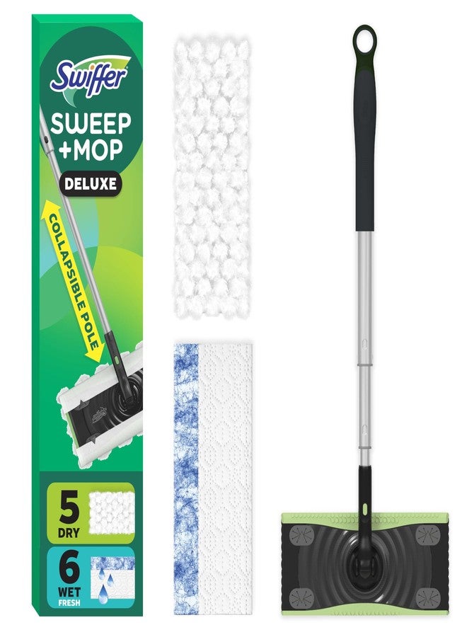 Swiffer مجموعة سويفر للمسح والتنظيف ديلوكس 2 في 1، مجموعة متعددة الأسطح لتنظيف الأرضيات، تتضمن المجموعة جهاز واحد للمسح، 5 قطع قماش جافة ثقيلة، 6 قطع قماش مبللة ثقيلة - Image 1
