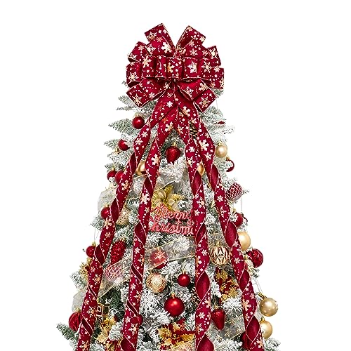 Hismir Christmas Tree Topper Bow 53x13 Inches Large Christmas Velvet Topper Bow with Gold Snowflakes Decorative Ribbon Bows for Xmas Tree Wreath Door Festival Home DecorRed Gold Snowflake - Image 1