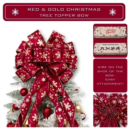 Hismir Christmas Tree Topper Bow 53x13 Inches Large Christmas Velvet Topper Bow with Gold Snowflakes Decorative Ribbon Bows for Xmas Tree Wreath Door Festival Home DecorRed Gold Snowflake - Image 3