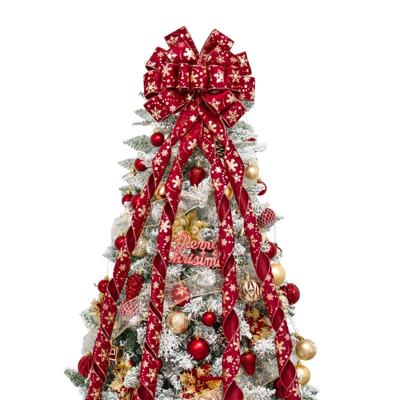Hismir Christmas Tree Topper Bow 53x13 Inches Large Christmas Velvet Topper Bow with Gold Snowflakes Decorative Ribbon Bows for Xmas Tree Wreath Door Festival Home DecorRed Gold Snowflake - Image 2