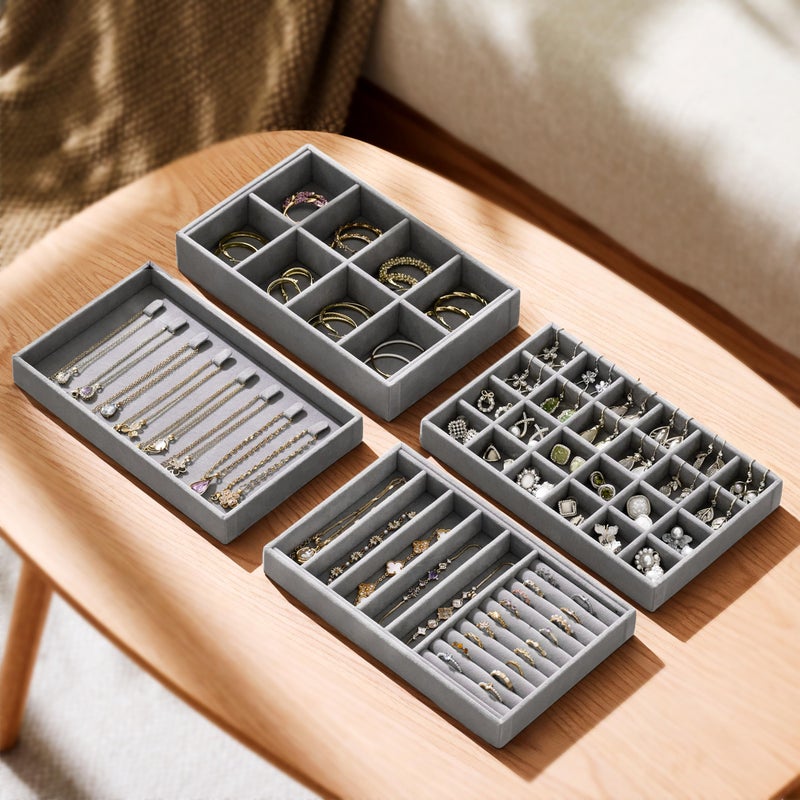 pickpiff Velvet Jewelry Drawer Organizer Trays â€“ Grey Stackable Jewelry Storage Inserts Set, 4-Layer Jewelry Tray Set for Earrings, Rings, Necklaces, Bracelets with Removable Dividers for Dresser & Vanity - Image 3