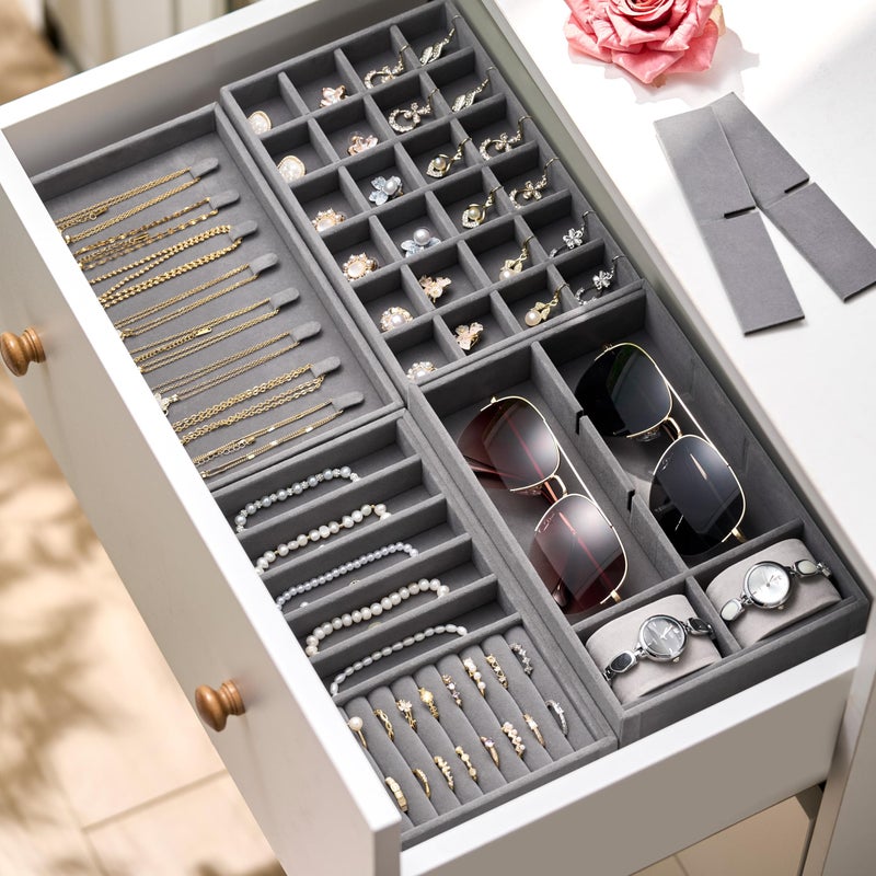 pickpiff Velvet Jewelry Drawer Organizer Trays â€“ Grey Stackable Jewelry Storage Inserts Set, 4-Layer Jewelry Tray Set for Earrings, Rings, Necklaces, Bracelets with Removable Dividers for Dresser & Vanity - Image 4