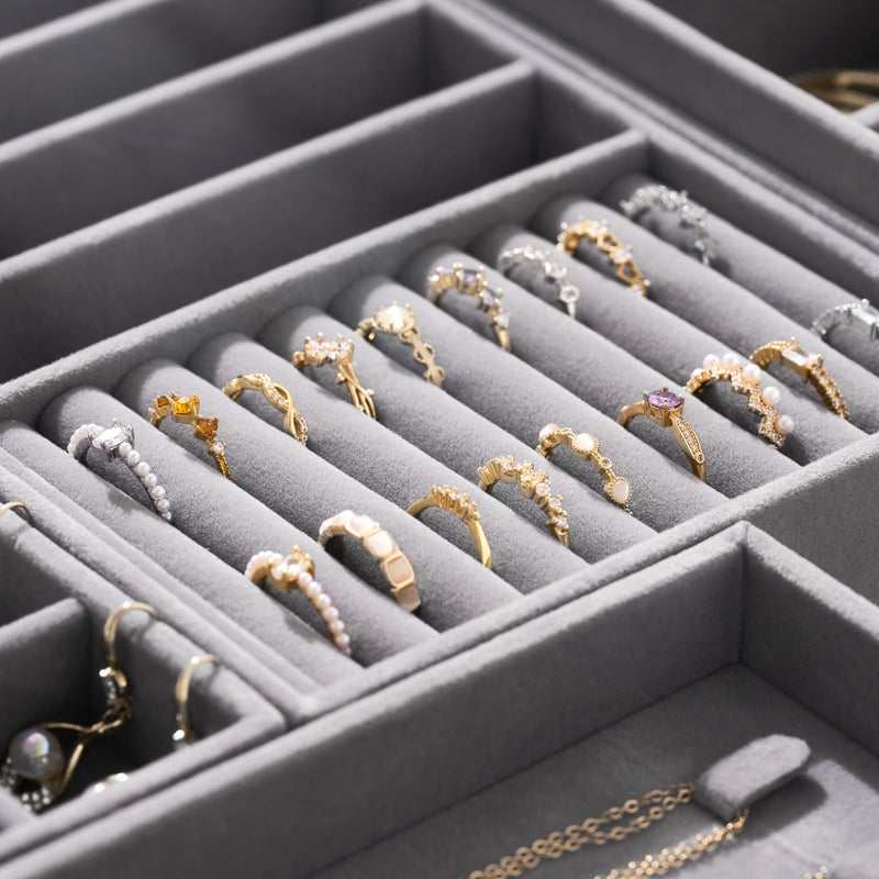 pickpiff Velvet Jewelry Drawer Organizer Trays â€“ Grey Stackable Jewelry Storage Inserts Set, 4-Layer Jewelry Tray Set for Earrings, Rings, Necklaces, Bracelets with Removable Dividers for Dresser & Vanity - Image 5