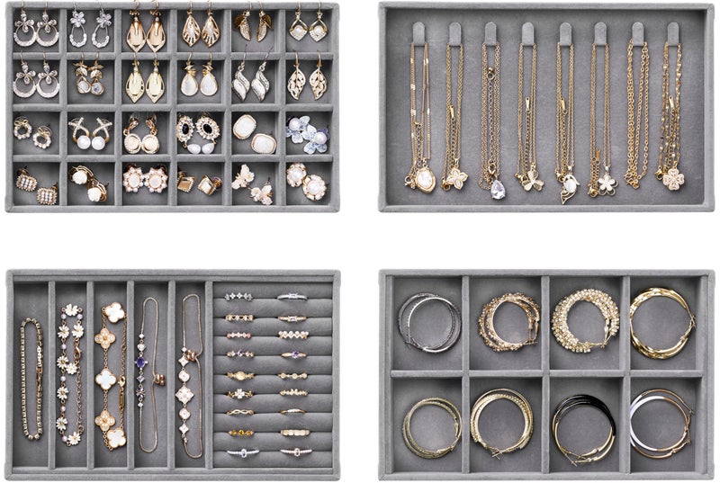 pickpiff Velvet Jewelry Drawer Organizer Trays â€“ Grey Stackable Jewelry Storage Inserts Set, 4-Layer Jewelry Tray Set for Earrings, Rings, Necklaces, Bracelets with Removable Dividers for Dresser & Vanity - Image 1