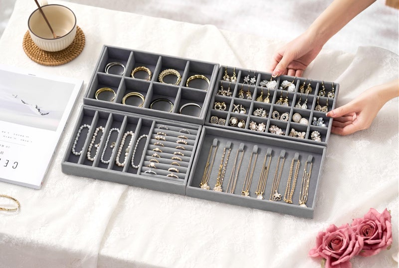 pickpiff Velvet Jewelry Drawer Organizer Trays â€“ Grey Stackable Jewelry Storage Inserts Set, 4-Layer Jewelry Tray Set for Earrings, Rings, Necklaces, Bracelets with Removable Dividers for Dresser & Vanity - Image 2