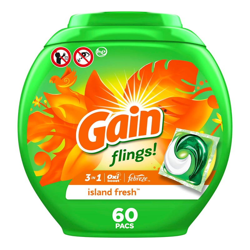 Gain flings Laundry Detergent Soap Pacs HE Compatible 60 ct Long Lasting Scent Island Fresh