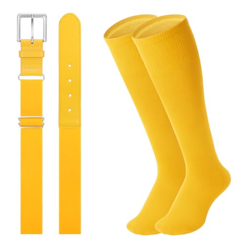 JASGOOD Baseball Socks and Belt for Men Softball Socks and Belt Combo Elastic Belt for Youth Adult, Yellow - Image 1
