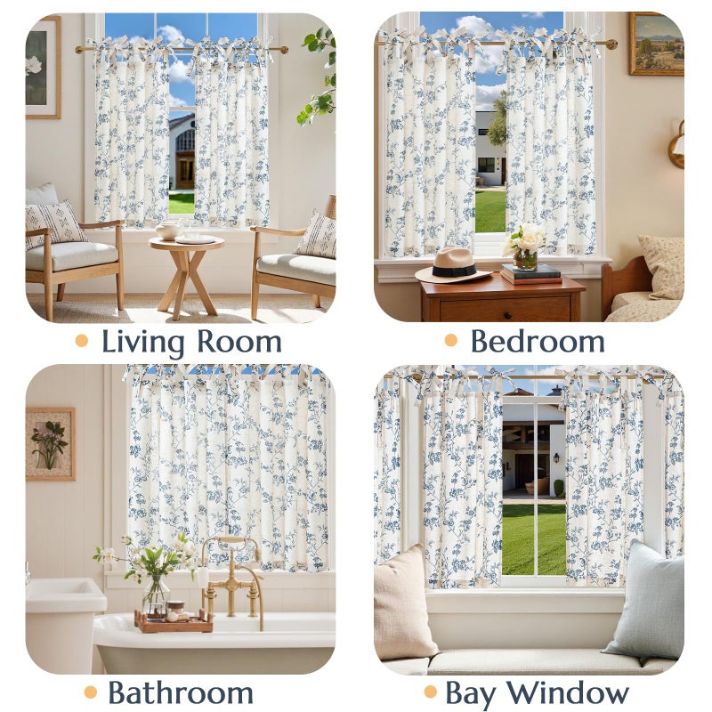 jinchan Floral Kitchen Curtains 36 Inch Linen Tier Curtains Farmhouse Cafe Half Window Drapes Over Sink Light Filtering Blue on Beige for Living Room Laundry Tie Top 2 Panels - Image 4
