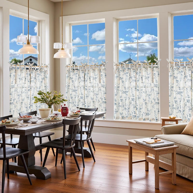 jinchan Floral Kitchen Curtains 36 Inch Linen Tier Curtains Farmhouse Cafe Half Window Drapes Over Sink Light Filtering Blue on Beige for Living Room Laundry Tie Top 2 Panels - Image 3