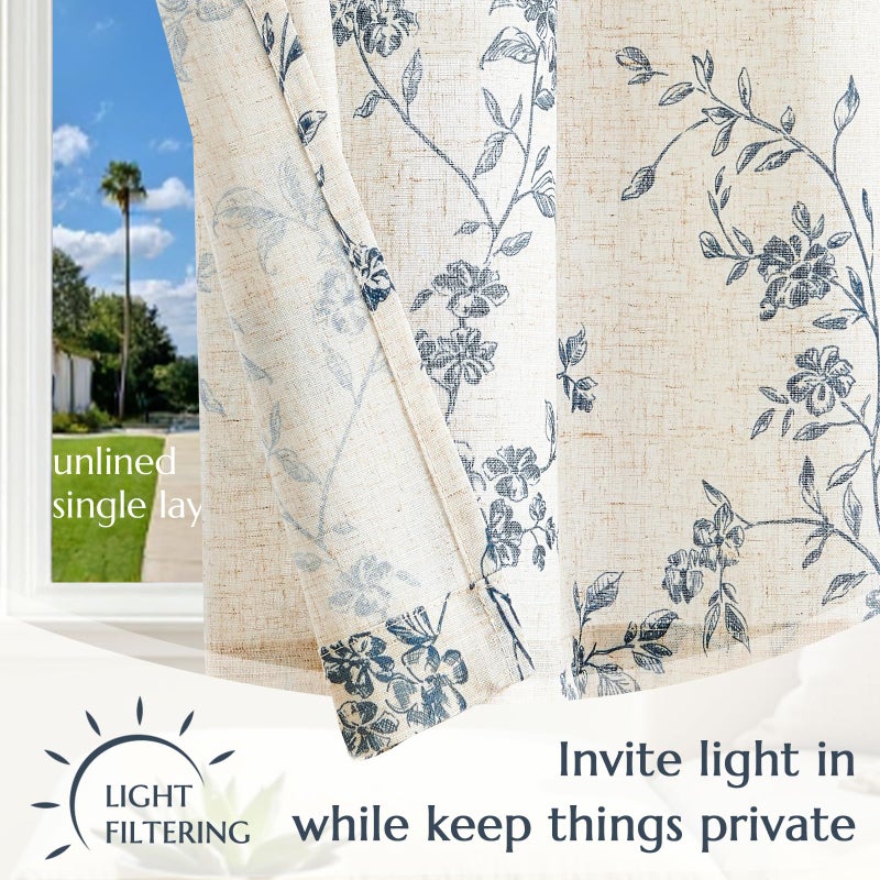 jinchan Floral Kitchen Curtains 36 Inch Linen Tier Curtains Farmhouse Cafe Half Window Drapes Over Sink Light Filtering Blue on Beige for Living Room Laundry Tie Top 2 Panels - Image 5