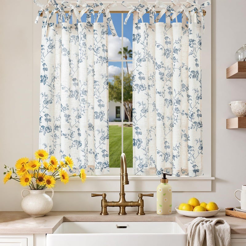 jinchan Floral Kitchen Curtains 36 Inch Linen Tier Curtains Farmhouse Cafe Half Window Drapes Over Sink Light Filtering Blue on Beige for Living Room Laundry Tie Top 2 Panels - Image 1