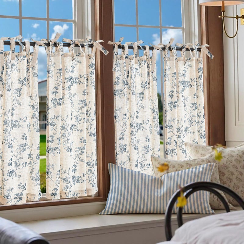 jinchan Floral Kitchen Curtains 36 Inch Linen Tier Curtains Farmhouse Cafe Half Window Drapes Over Sink Light Filtering Blue on Beige for Living Room Laundry Tie Top 2 Panels - Image 2