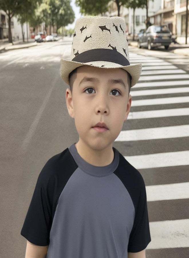 BXT Boys UPF 50+ Fedora Hat Summer Sun Straw Beach Cap Outdoor Short Brim Jazz Cap Panama Trilby Party Hat Fancy Dress Costume Beige - Image 3