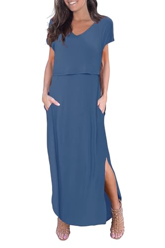 Smallshow Womens Maternity Nursing Dresses Split Long Dress for Breastfeeding Small Dusty Blue