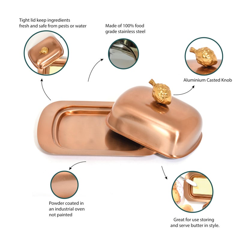 Elan طبق زبدة مستطيل من الفولاذ المقاوم للصدأ مع غطاء لسطح الطاولة | حاوية زبدة | تخزين زبدة | حافظ زبدة (نحاس) - Image 4