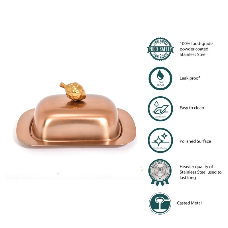 Elan طبق زبدة مستطيل من الفولاذ المقاوم للصدأ مع غطاء لسطح الطاولة | حاوية زبدة | تخزين زبدة | حافظ زبدة (نحاس) - Image 5