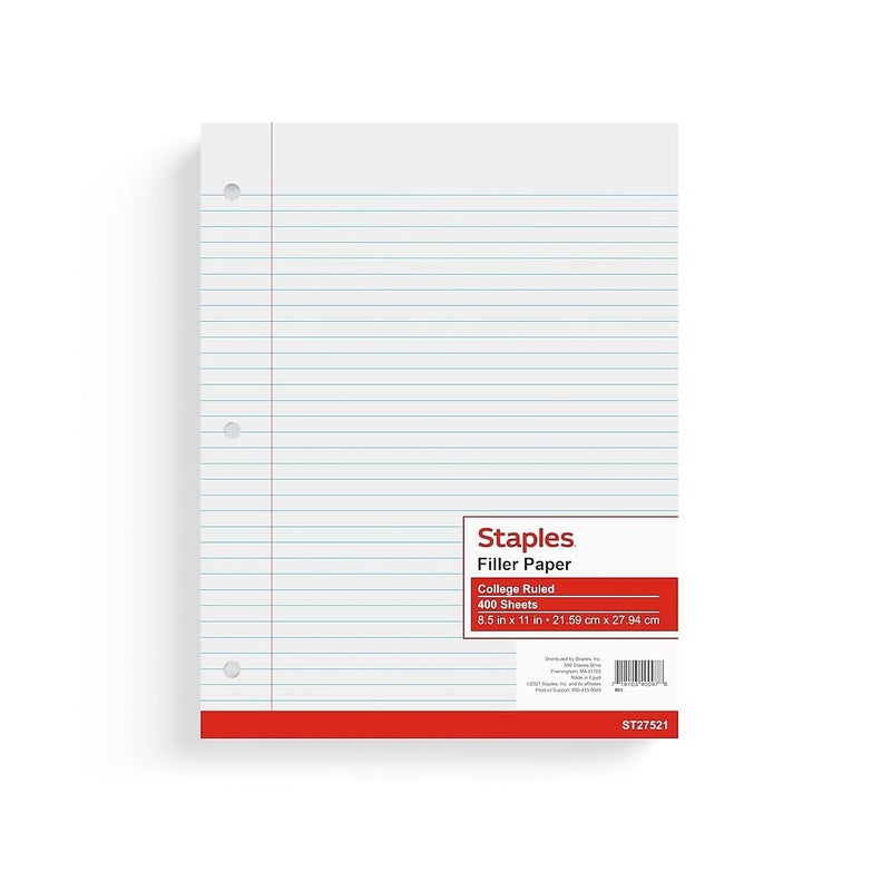 Staples College Ruled Filler Paper, 8.5"" X 11"", White, Pack Of 400 Sheets (St27521) - Image 1