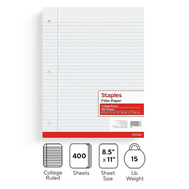 Staples College Ruled Filler Paper, 8.5"" X 11"", White, Pack Of 400 Sheets (St27521) - Image 2