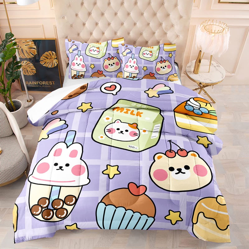 QOOMO Kawaii Bear Comforter Set for Kids Teens Girls Women, Cute Bear Kids Comforter,1 Comforter with 2 Pillowcase, Microfiber 3 Piece Bedding Set,for All Seasons, Twin Size - Image 1