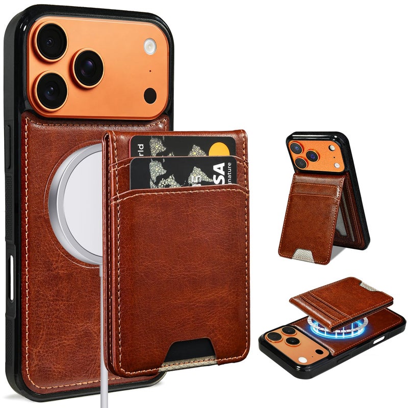 AOFEGRLT for iPhone 17 Pro Max MagSafe Wallet Case, Magnetic Detachable Leather Wallet with Card Holder & Kickstand, Slim Protective Phone Case Compatibility with iPhone 17 Pro Max. Brown - Image 1