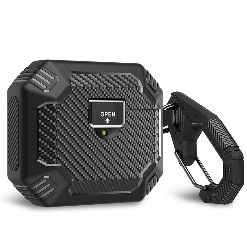 For AirPods Pro 2 Carbon Fibre Magnetic Snap-On TPU Earphone Protective Cover with Carabiner(Black)