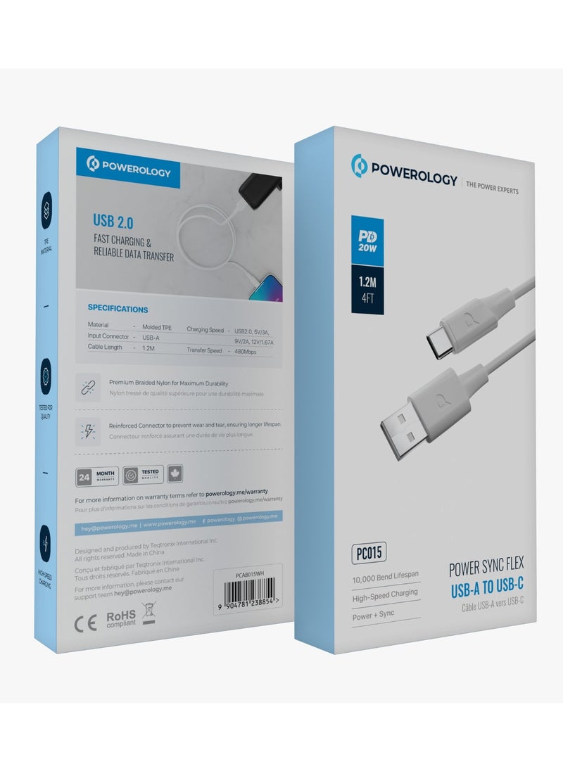 Powerology Power Sync Flex USB-A to USB-C PD 20W and 1.2m Cable / High-Speed Charging / Power + Sync / High-Speed 480Mbps Data Transfer - White  - Image 5