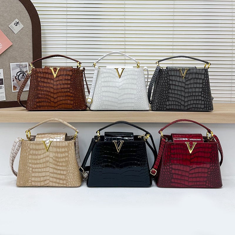 New Litchi Pattern V-Shaped Crossbody Bag Women'S Light Luxury Textured Hand Tote Bag Large Capacity Vintage Shoulder Bag - Image 3