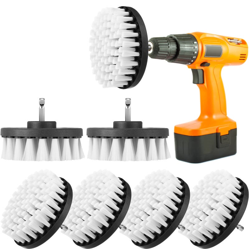 Remerry Drill Brush Attachment Power Scrubber Cleaning Kit Multi Purpose Drill Brush Set Drill Scrubber Brush Kit Cleaning Brushes for Drill Bathroom Surfaces Tub Grout Shower Kitchen White 6 Pcs