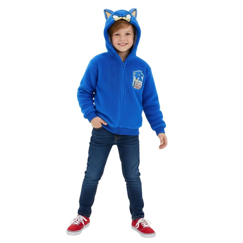 SEGA Sonic the Hedgehog Boys Zip Up Sherpa Hoodie with Ears for Big Kids Blue - Image 5