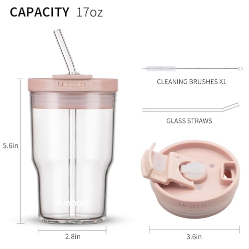 BLUEPOLAR Glass Cups with Lids and Straws,16oz/480mll Reusable Iced Coffee Glasses & Juice Bottles,Cold Brew Tumblers with Leakproof Lids,BPA-Free Glass Jars for Juicing,Matcha,Flower Tea,Smoothie (Pink) - Image 2