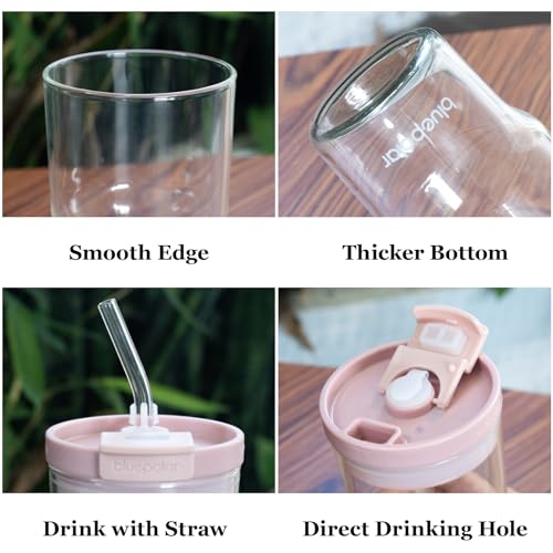 BLUEPOLAR Glass Cups with Lids and Straws,16oz/480mll Reusable Iced Coffee Glasses & Juice Bottles,Cold Brew Tumblers with Leakproof Lids,BPA-Free Glass Jars for Juicing,Matcha,Flower Tea,Smoothie (Pink) - Image 5