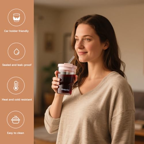 BLUEPOLAR Glass Cups with Lids and Straws,16oz/480mll Reusable Iced Coffee Glasses & Juice Bottles,Cold Brew Tumblers with Leakproof Lids,BPA-Free Glass Jars for Juicing,Matcha,Flower Tea,Smoothie (Pink) - Image 4