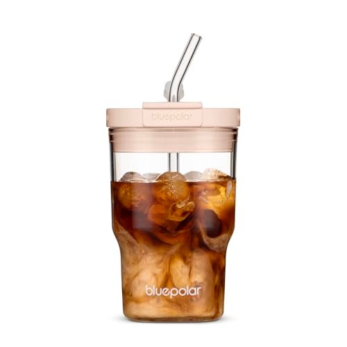 BLUEPOLAR Glass Cups with Lids and Straws,16oz/480mll Reusable Iced Coffee Glasses & Juice Bottles,Cold Brew Tumblers with Leakproof Lids,BPA-Free Glass Jars for Juicing,Matcha,Flower Tea,Smoothie (Pink) - Image 1