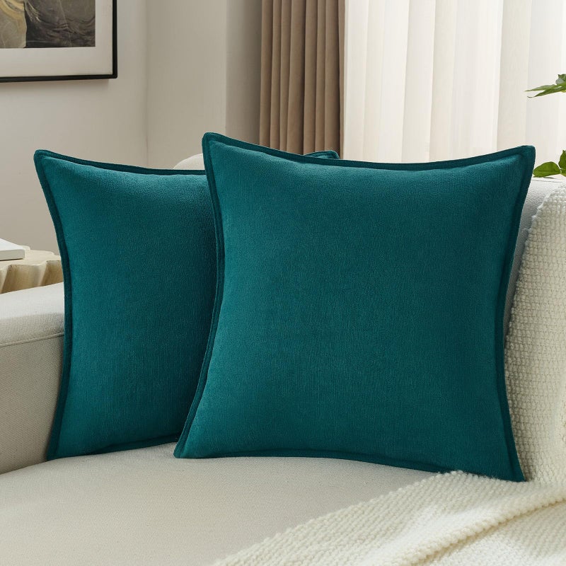 FUTEI Teal Chenille Throw Pillow Covers 18x18 Inch Set of 2,Edges Double-Stitched Cushion Cases,Modern Home Decor for Couch Living Room - Image 1