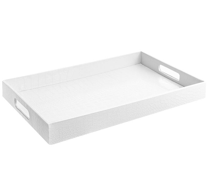 18X12 WHITE GLOSSY CROCODILE FAUX LEATHER SERVING TRAY BEAUTIFUL MODERN ELEGANT DECORATIVE TRAY WITH HANDLES OTTOMAN COFFEE TABLE PERFUME DISPLAY MAKEUP FOR ALL OCCASIONS