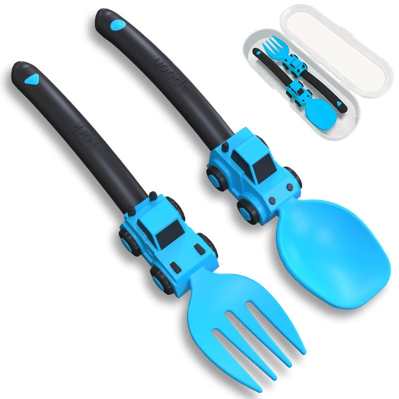 Deinyi Construction Toddler Utensils  Toddler Forks and Spoons  Kids Spoon and Fork Set  Suitable for Kids Utensils  Easter Gifts Portable Silverware Set for 1 2 3 4 5 year old Toddlers Blue
