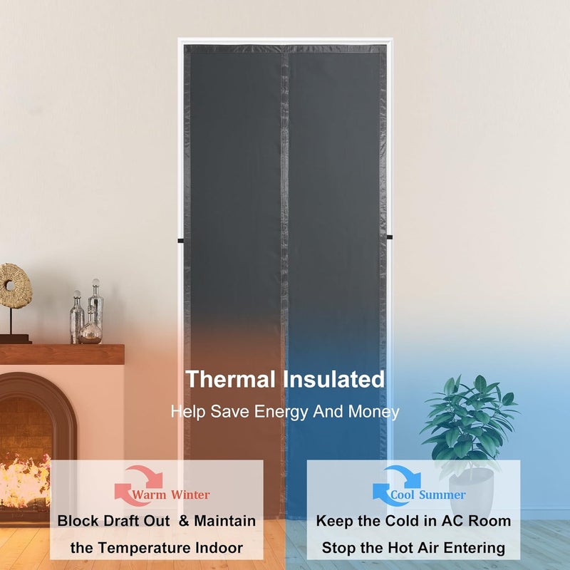 Mpmedo Magnetic Thermal Insulated Door Curtain,Thicker Layered Fabric Doorway Curtains,Temporary Door Insulation Cover Keep Warm Winter&Cool Summer,Dark Grey Fabric Door Window Insulation Kit for Winter - Image 2