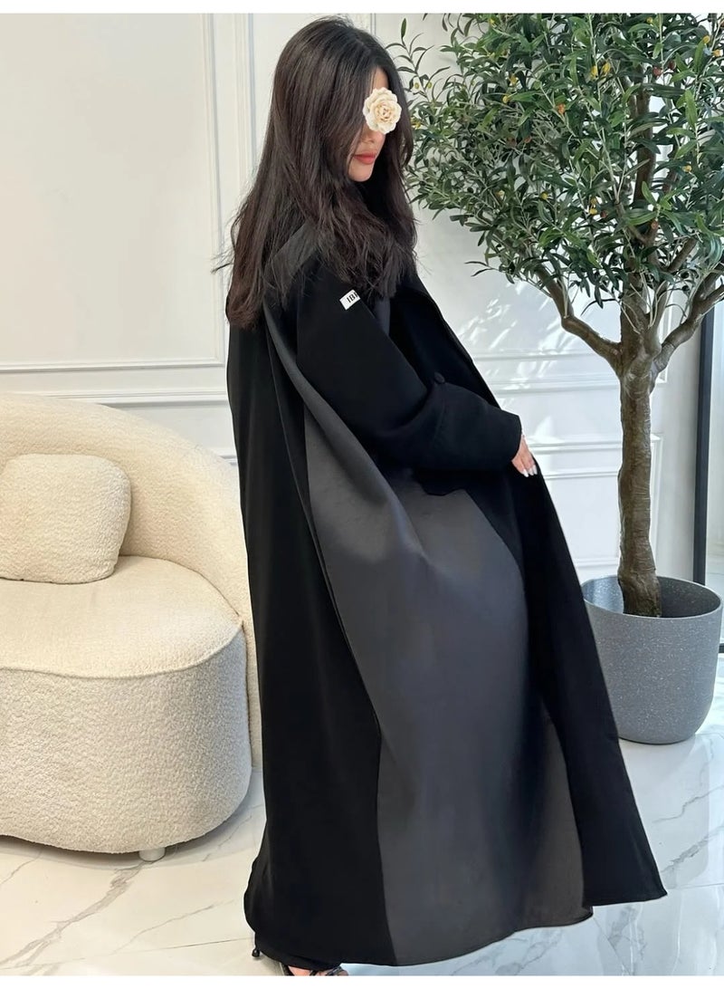 Sila Black Wrap Abaya with Half-Cloche Cut, Linen & Satin Taffeta Fabric, with Free Tarha & Neqab - Image 3