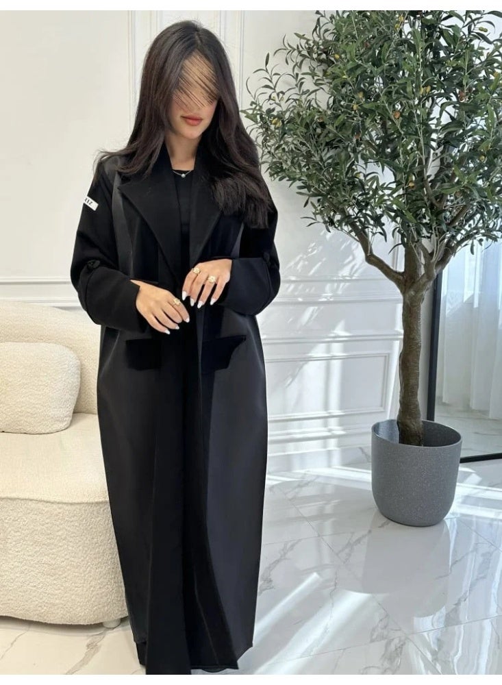 Sila Black Wrap Abaya with Half-Cloche Cut, Linen & Satin Taffeta Fabric, with Free Tarha & Neqab - Image 2