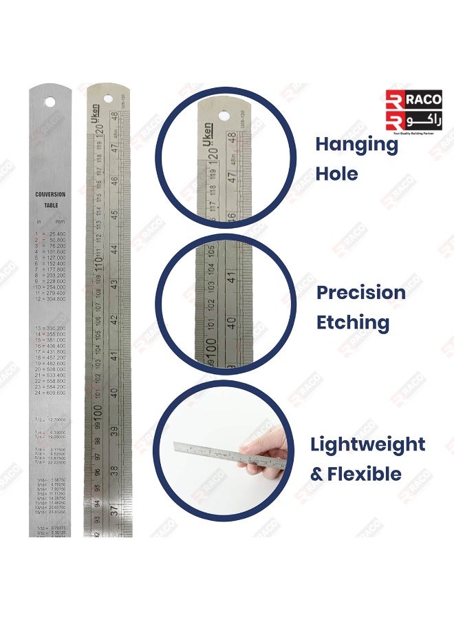 راكو مسطرة راكو المصنوعة من الفولاذ المقاوم للصدأ، مقاس 120 سم (48 بوصة)، ميزان قياس معدني عالي التحمل مع طاولة تحويل للاستخدام في المدارس والمكاتب والمنازل والمهندسين المعماريين والمهندسين والحرفيين - Image 2