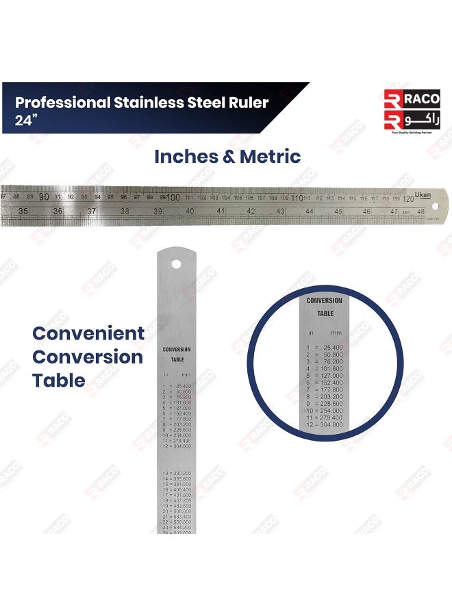 راكو مسطرة راكو المصنوعة من الفولاذ المقاوم للصدأ، مقاس 120 سم (48 بوصة)، ميزان قياس معدني عالي التحمل مع طاولة تحويل للاستخدام في المدارس والمكاتب والمنازل والمهندسين المعماريين والمهندسين والحرفيين - Image 3
