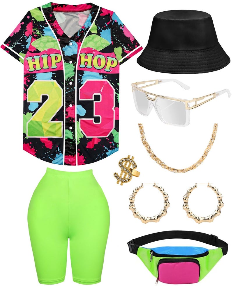 WILDPARTY 80s 90s Outfit for Women Baseball Jersey Shirt Shorts Fanny Pack Retro Party Costume Repper Accessories 1990s 1980s Neon Clothes Blackgreen L - Image 1