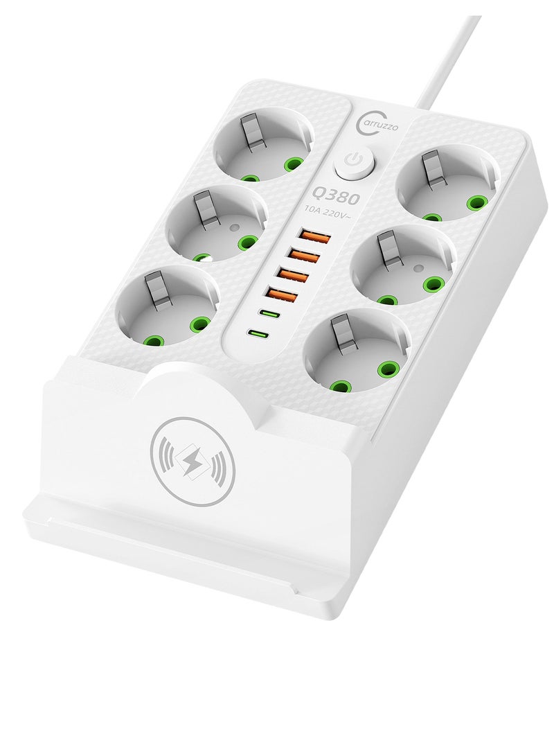 ELMAGHRABY Q380 Power Extension Strip with Wireless Charger , 6 AC Sockets, 4 USB Ports & 2 USB-C Ports, 2M Heavy Duty Extension Cord, 2500W 10A Smart Fast Charging Power Strip with Individual Switch, Overload Protection & Child Safety for Home, Office, PC, TV & Mobile Devices – White - Image 1