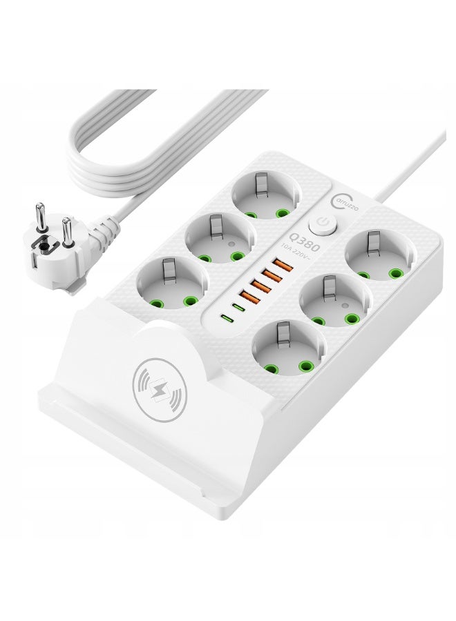 ELMAGHRABY Q380 Power Extension Strip with Wireless Charger , 6 AC Sockets, 4 USB Ports & 2 USB-C Ports, 2M Heavy Duty Extension Cord, 2500W 10A Smart Fast Charging Power Strip with Individual Switch, Overload Protection & Child Safety for Home, Office, PC, TV & Mobile Devices – White - Image 2