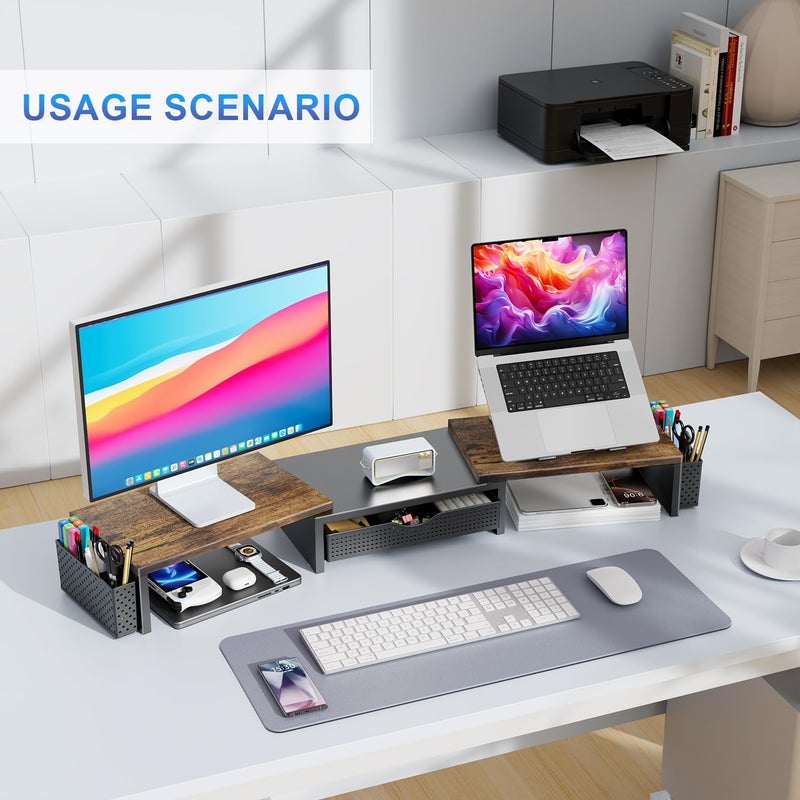 gianotter Dual Monitor Stand Riser, Desk Organizer With Drawer and 2 Pen Holders,Computer Monitor Stand, Desk Shelf for Top of Desk, Wood - Image 3