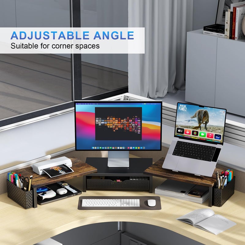 gianotter Dual Monitor Stand Riser, Desk Organizer With Drawer and 2 Pen Holders,Computer Monitor Stand, Desk Shelf for Top of Desk, Wood - Image 5