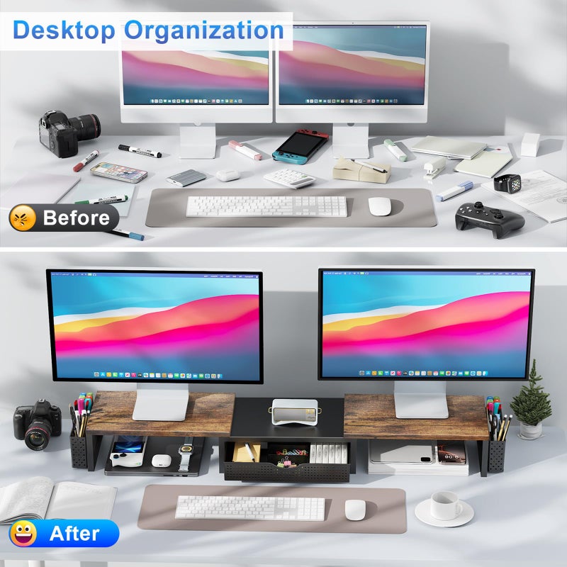 gianotter Dual Monitor Stand Riser, Desk Organizer With Drawer and 2 Pen Holders,Computer Monitor Stand, Desk Shelf for Top of Desk, Wood - Image 2