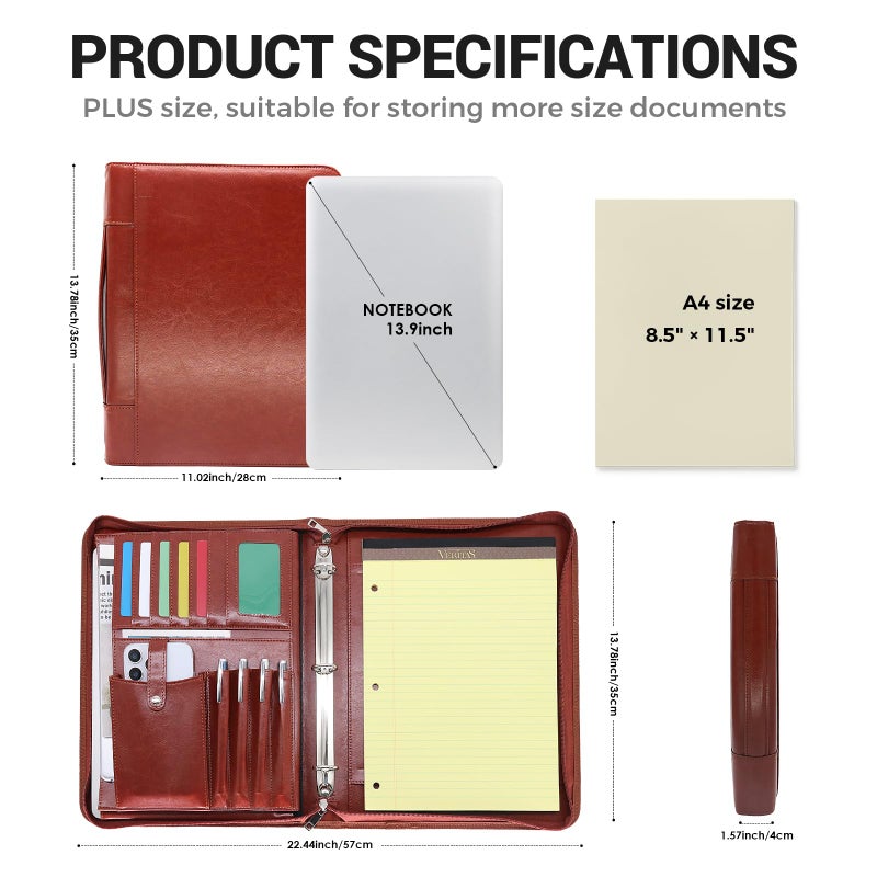 FORTAVEM Faux Leather Portfolio with Handle â€“ 3-Ring Padfolio Organizer for 13.9" Laptop/Tablet, A4 Legal Pad Holder, Multi-Pocket Business Folder for Work, Office & Meetings & Daily Commute (Brown) - Image 4